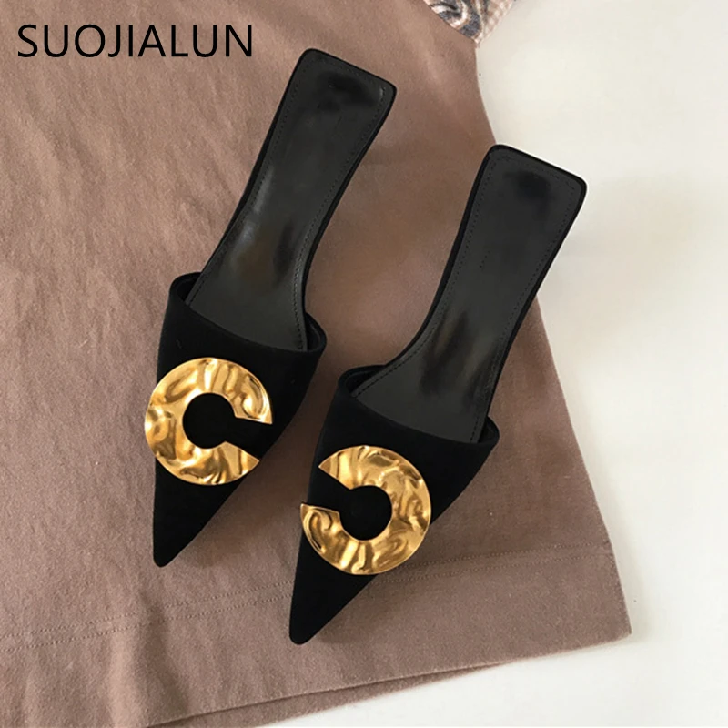 

SUOJIALUN Women Luxury Slippers Fashion Metal Buckle Brand Mules Pointed Toe Slip On Low Heel Dress Shoes Women Outdoor Slides
