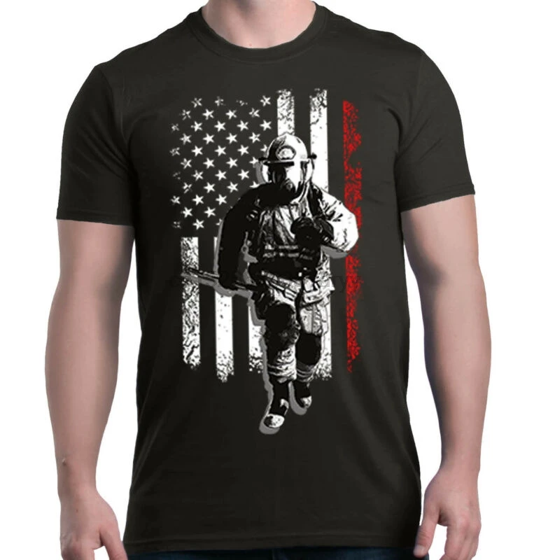 Пожарный красный полосатый футболка американский флаг пожарный отдел рубашки |