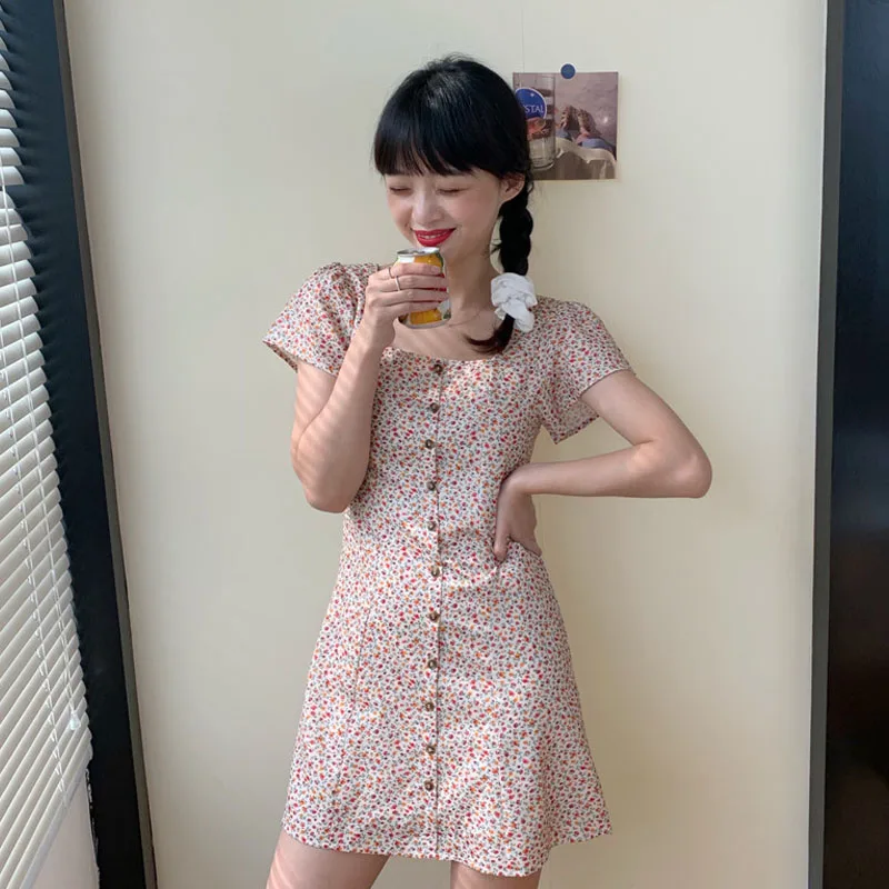

Zaraing French All-Match Comfortable Dress Women New Spring And Summer Square Collar Short Sleeve Floral Single-Breasted Dress