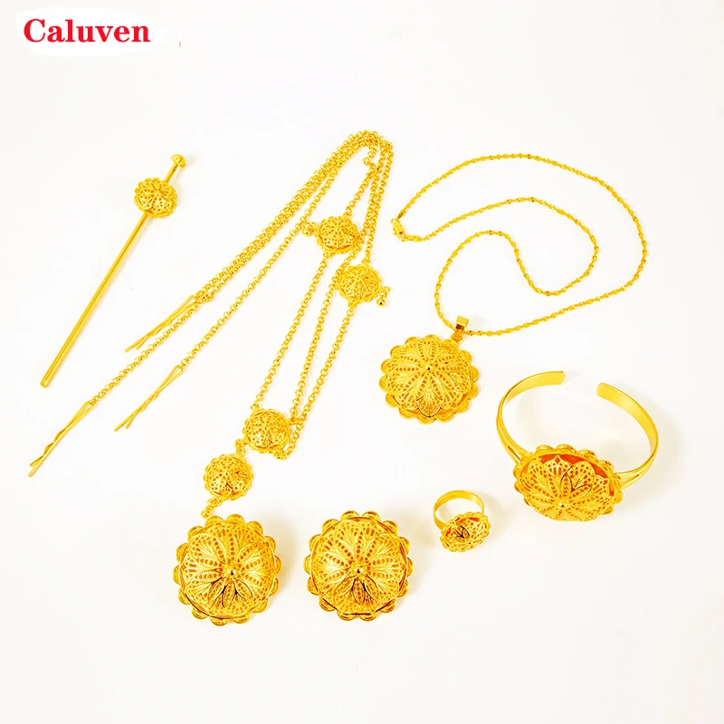 Ethiopian jewelry sets for Women hair chain necklace Clip ring hairpin bracelet Set African wedding gifts | Украшения и