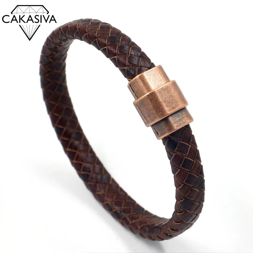 

Classic Punk Stainless Steel Magnetic Metal Clasp Men Jewelry Two Layers Genuine Leather Bracelet Black with Charms 2 Colors