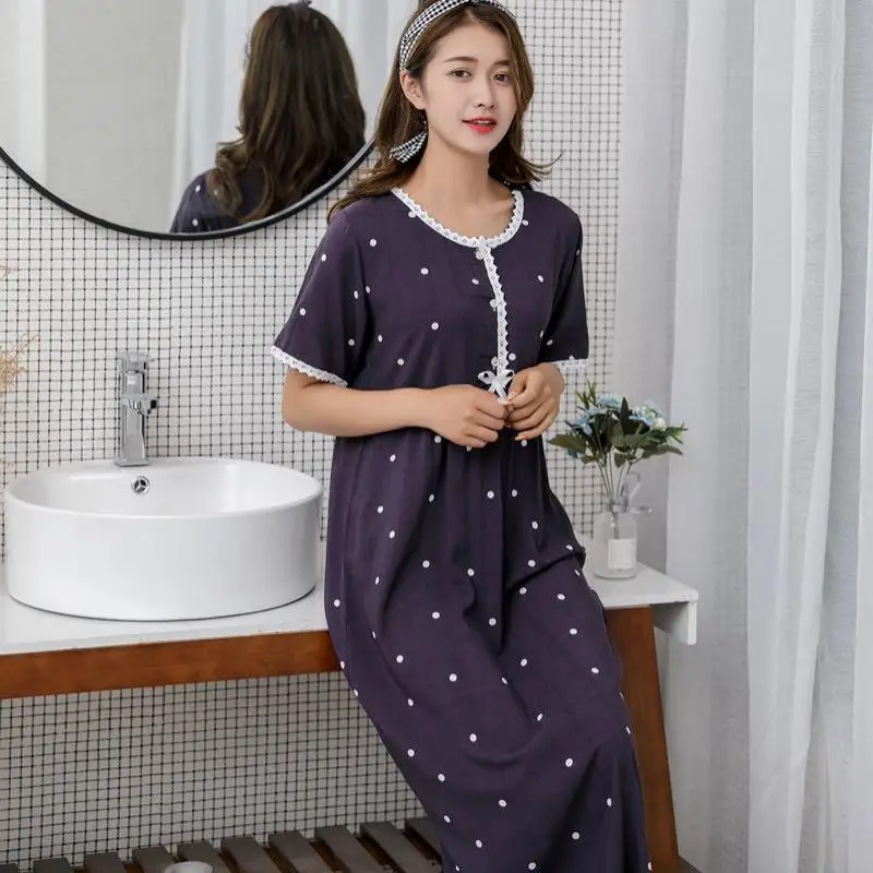 

Blue Print Women Nightgown Short Sleeve Nightdress Summer New Sleepwear Lace Trim Sleep Dress Casual oungewear Home Clothes