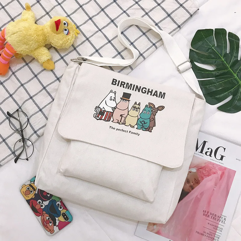 Moomin, цветная Холщовая Сумка, высокое качество, женская сумка на молнии, сумка Ins, женская сумка через плечо, высокое качество, мягкая сумка Moomin - Цвет: Белый