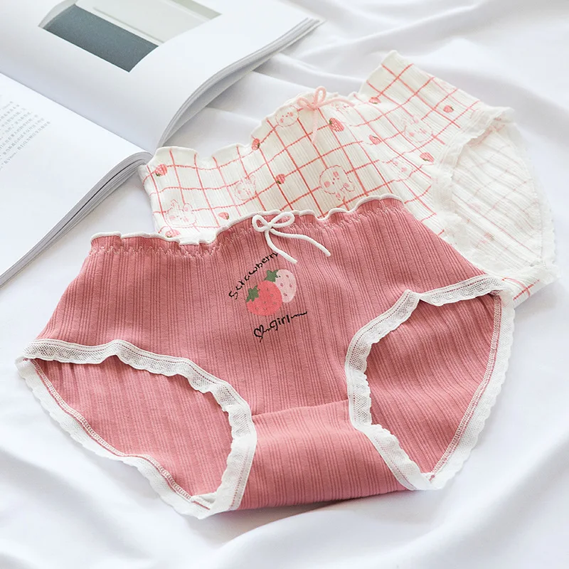 

Lovely Cartoon Pink Rabbit Strawberry Printed Cotton Women Underwear Panties for Girl Breathable Briefs Lingerie Panty NK35