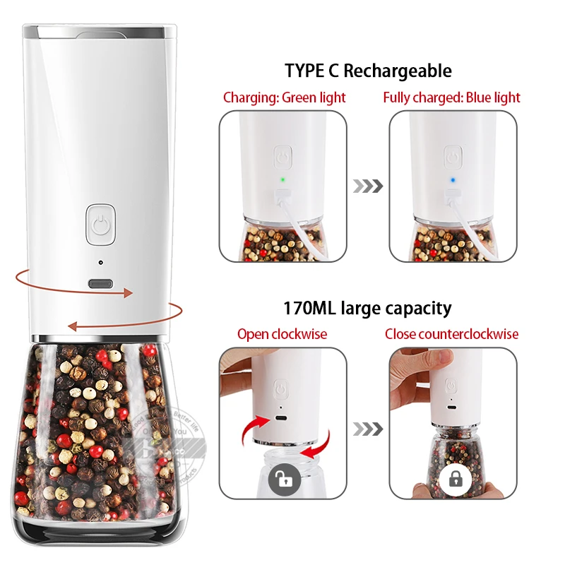 Electric Pepper Grinder USB Rechargeable Salt and Mill For Herb Spice Adjustable Kitchen Grinding Gadgets | Дом и сад