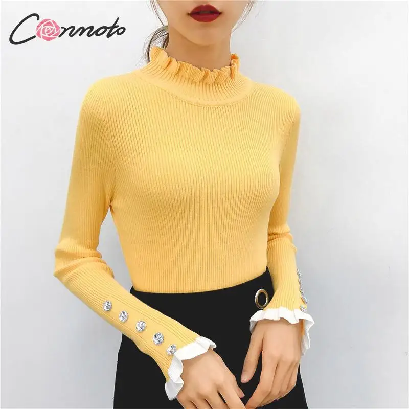 Conmoto Ruffle Harajuku 2019 Winter Sweater Women Knitted Turtle White Slim Kroean Ladies Mujer Pullover | Женская одежда