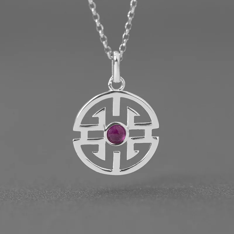 

iNature 925 Sterling Silver Natural Stone Geometric Circle Round Pendant Necklace For Women Fashion Party Jewelry Accessories