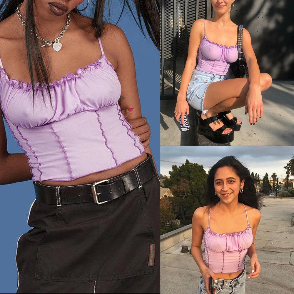 Summer Women Purple Vest Fashion Sleeveless Strapless Solid Ruffles Crop Tops Pullovers Ladies Tanks Camisole | Женская одежда
