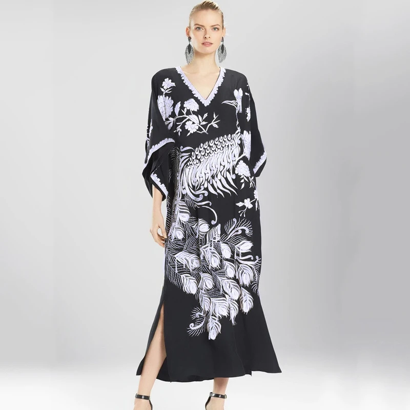 

Женское длинное платье с вышивкой, черное платье-туника с V-образным вырезом и рукавом летучая мышь, с разрезом сбоку, элегантная уличная оде...