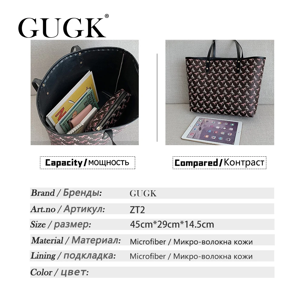 

GUGK Mature Style Tote Bags Woman Handbags Cartoon Printing Composite Bag Big Capacity Zipper Single Shoulder Bags ZT02