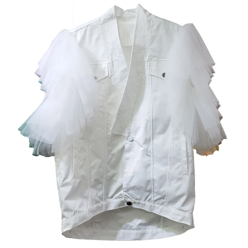 

White Vest Woman 2021 New Design Scarf V Collar Stitching Mesh Loose-Fitting Short Coat Lady Fashion Waistcoats Summer