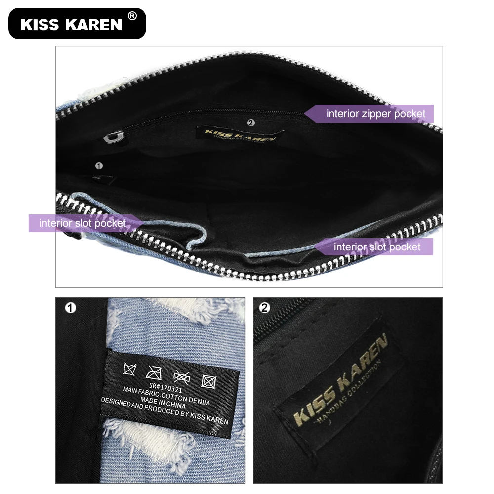 KISS KAREN/Повседневная Модная Джинсовая сумочка с вышивкой; женские сумки на плечо; джинсовая сумка с шипами; женские сумки-мессенджеры; женские сумки