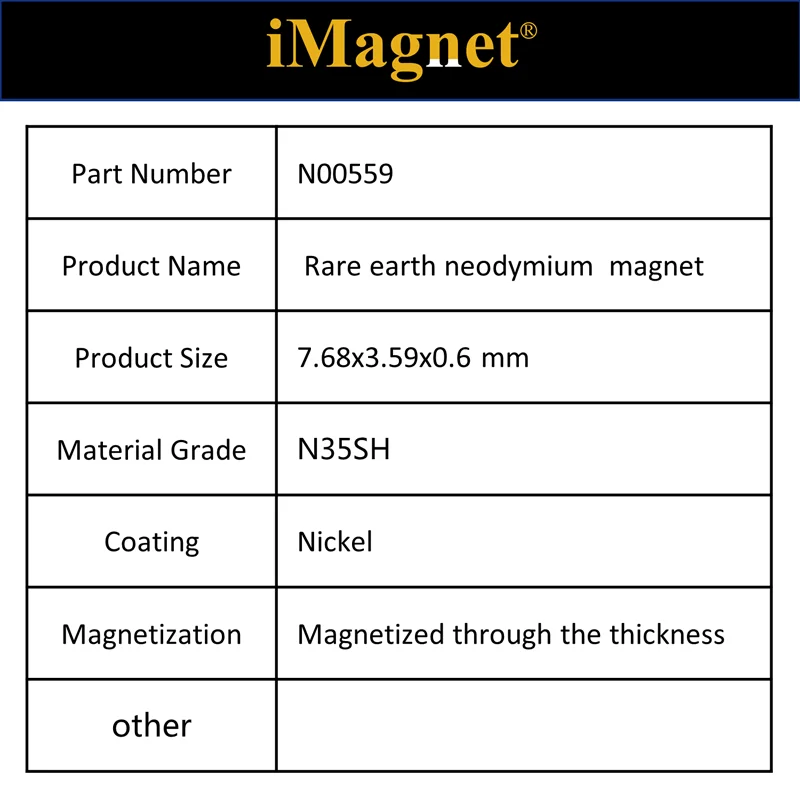 

N00559 20/100/200pcs N35SH Block super strong Rare Earth Neodymium Magnet, 7.68x3.59x0.6mm,Cuboid Ndfeb Magnet