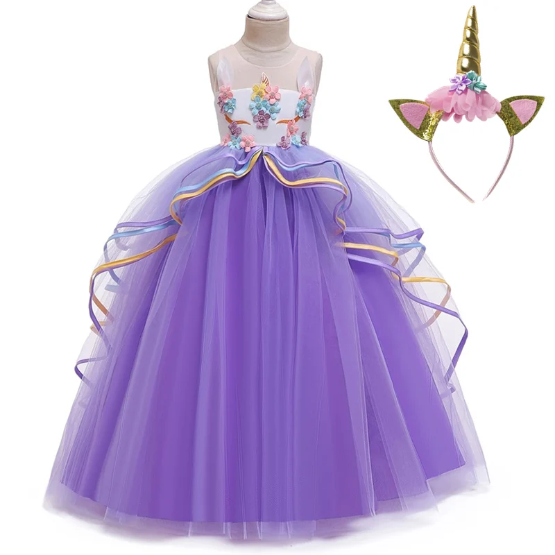 Rainbow Unicorn Cosplay Girl Dress Party Elegant Flower Lace Long Tutu Formal Ball Gown Princess Baby Dresses 5 7 8 12 14 Years | Детская