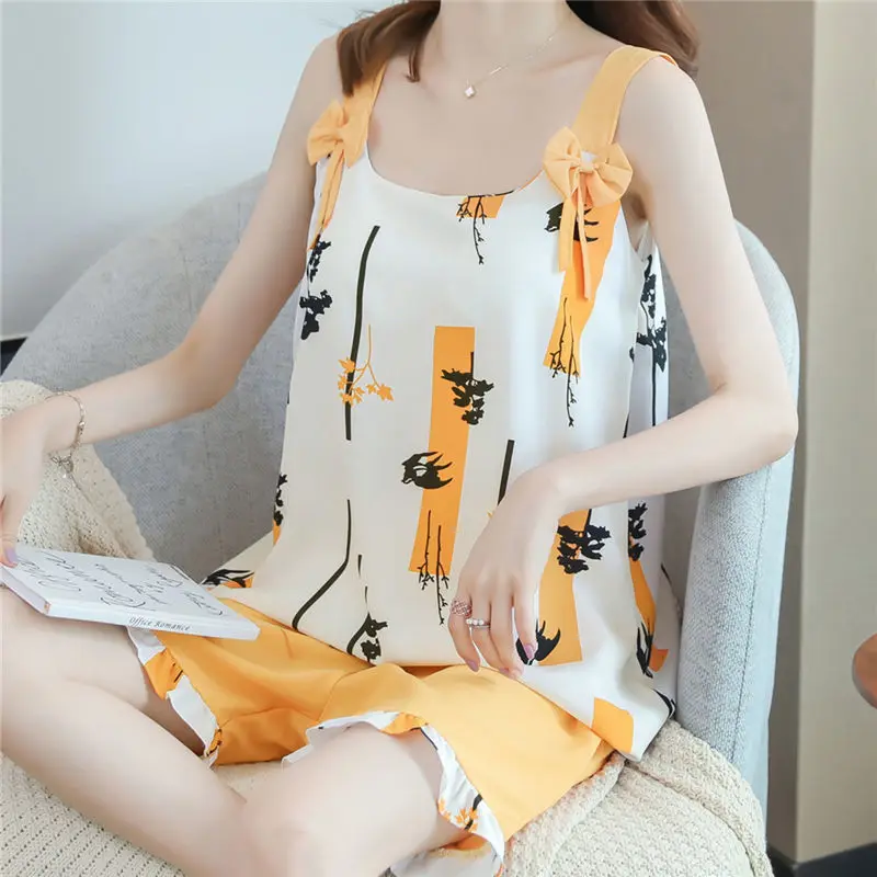 Пижамный комплект Женский шифоновый Милая Тонкая Пижама на бретелях без рукавов