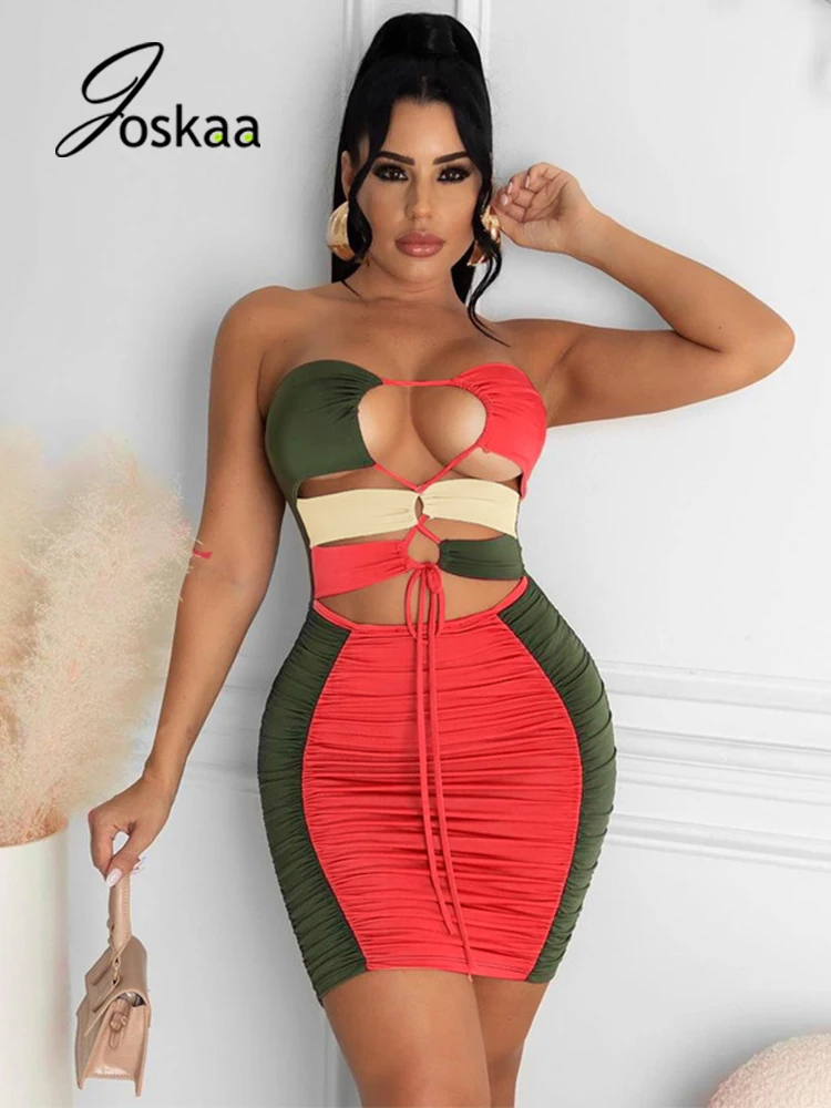 

Joskaa Patchwork Strapless Hollow Out Bodycon Dress Women Fashion Lace-Up Backless Mini Dress Summer 2021 Sexy Party Clubwear