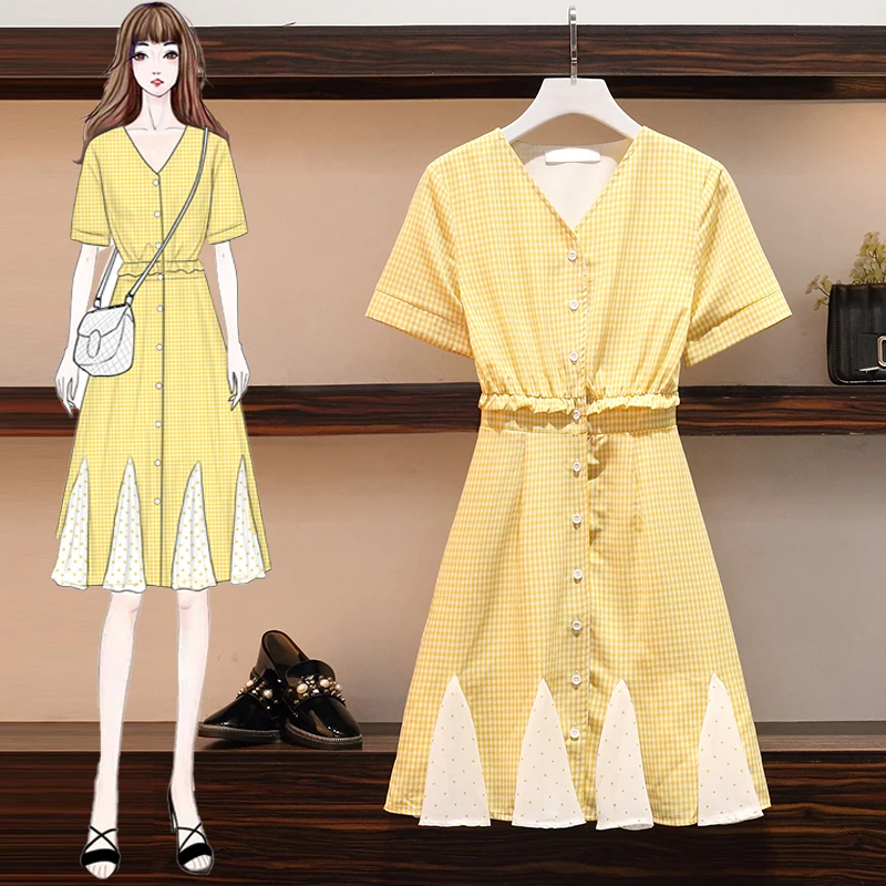 

4XL Plus Size Women Yellow Plaid Dresses Summer 2021 Fashion V-neck Short Sleeve Patchwork Ladies A-Line Ruffle Mermaid Dress