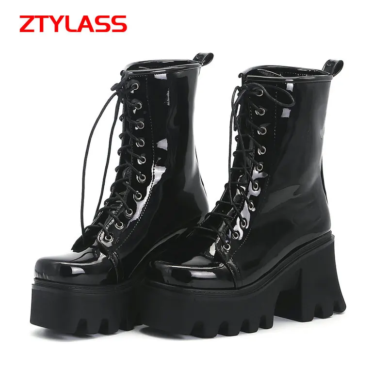 

2021 Fashion Patent Leather Platform Ankle Boots Women Chunky High Heel Goth Boots Autumn Winter Lacing Woman Shoes Size 42 43