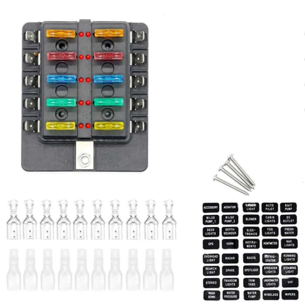 

10-Way Blade Fuse Box [LED Indicator for Blown Fuse] [Protection Cover] [100 Amp] - Fuse Block for RV, Boat, Marine, Truck, SUV