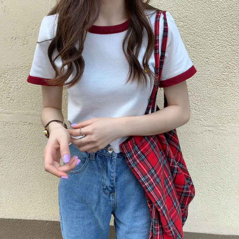 HELIAR трикотажные футболки милые топы однотонные с круглым вырезом короткий рукав