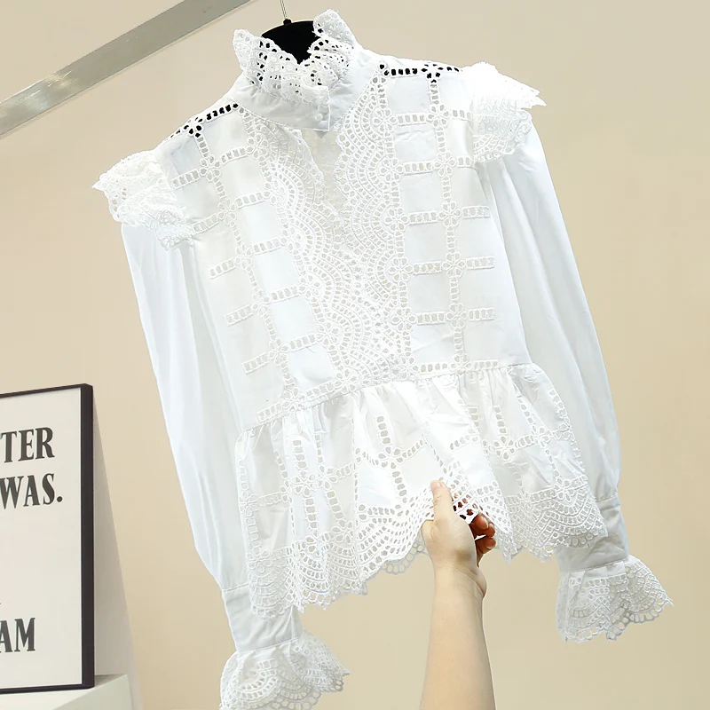 New Sexy Black Shirt Office Lady Stand Collar Ruffles Patched Hollow Out Tops Fall Slim Lace White Blouse Women
