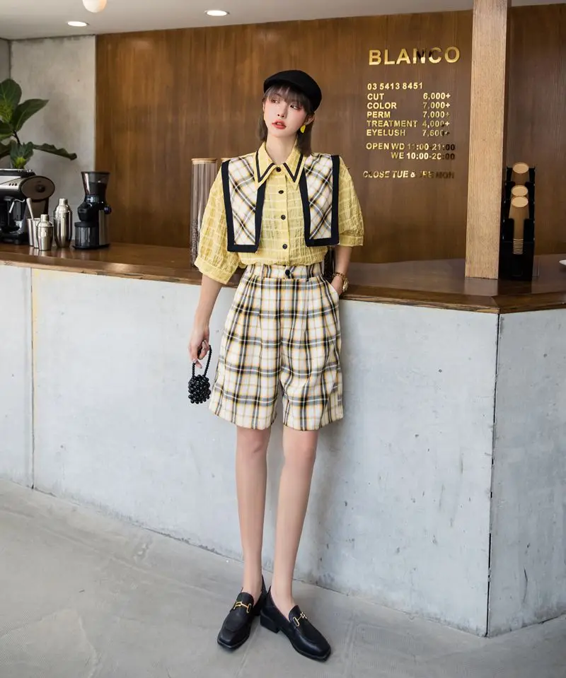 

CHEERART Yellow Plaid Summer High Waist Short Wide Leg Hot Casual Shorts Women Comfy Korean Shorts 2020 New