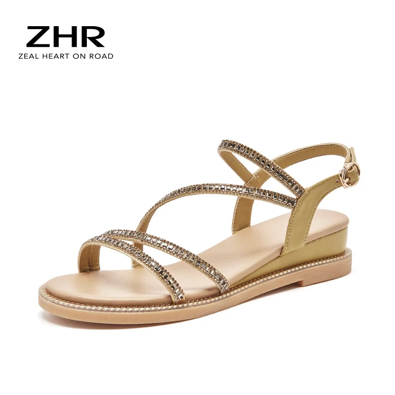 

2021 Women Sandals Summer New Sparkly Rhinestone Thin Belt Flat Shoes Casual Open Toe Slip On Comfortable Outdoor Beach Shoes