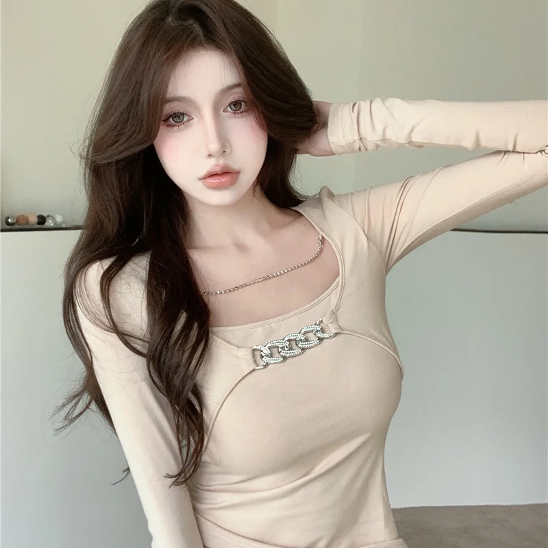 

Женский облегающий топ с квадратным вырезом, однотонный Привлекательный Топ в стиле Instagram с цепочкой, корейская модная одежда для ранней ос...
