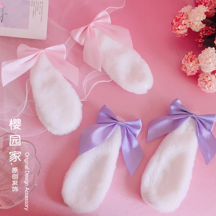 

Sweet Lolita Rabbit Ear Hair Ornament Lop Ear Hair Clip Kawaii Handmade Japanese Soft Girl Bow Plush KC Hair Clip headdress