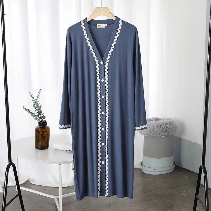 Spring Summer Modal Nightdress Cardigan Lace Long Sleeve Mid Length Dress Outer Wear Home Clothes Women's Nightwear Nightgowns