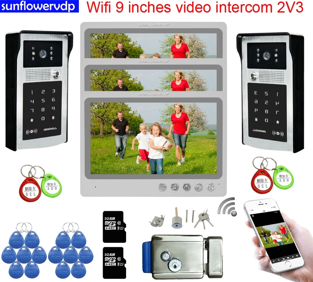 

Цветной видеодомофон с Wi-Fi, 9 дюймов, Rfid-код, разблокировка, домофон с ключами, домофон для жилых помещений, 2 двери, 3 монитора + система дверно...