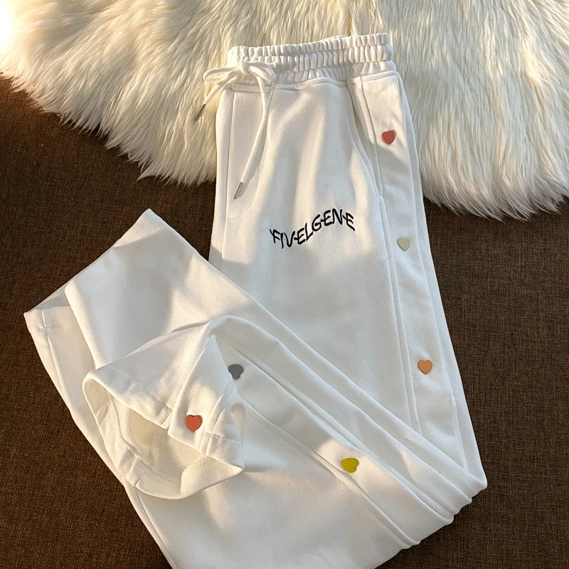 

Sweet Cool Straight Sports Pants Female Autumn Fashion Harajuku Style Breasted Design High Waist Loose Casual Wide Leg Pants
