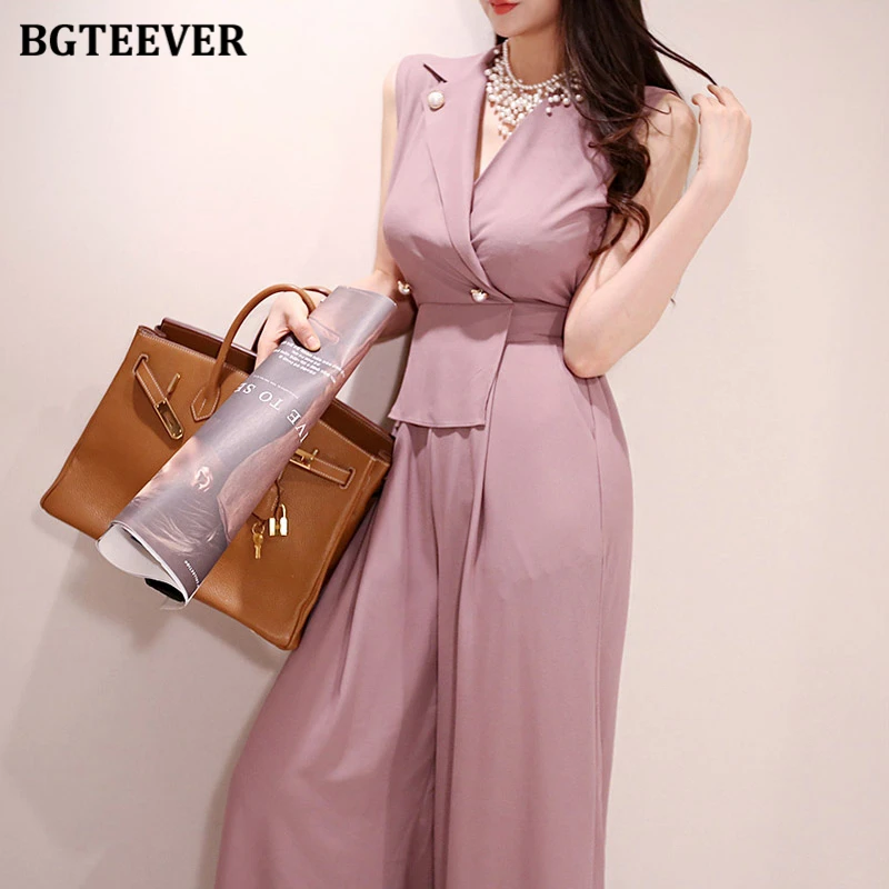 Женский комбинезон без рукавов BGTEEVER Летний с отложным воротником и широкими