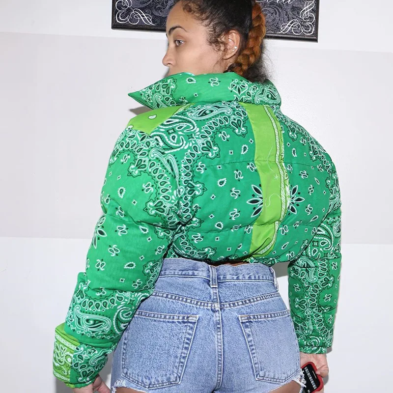 Paisley Puffer Jacket Casual Print Winter Warm Coat Women Fashion Clothing Streetwear Cropped Puffer Outwear Bubble Down Coat