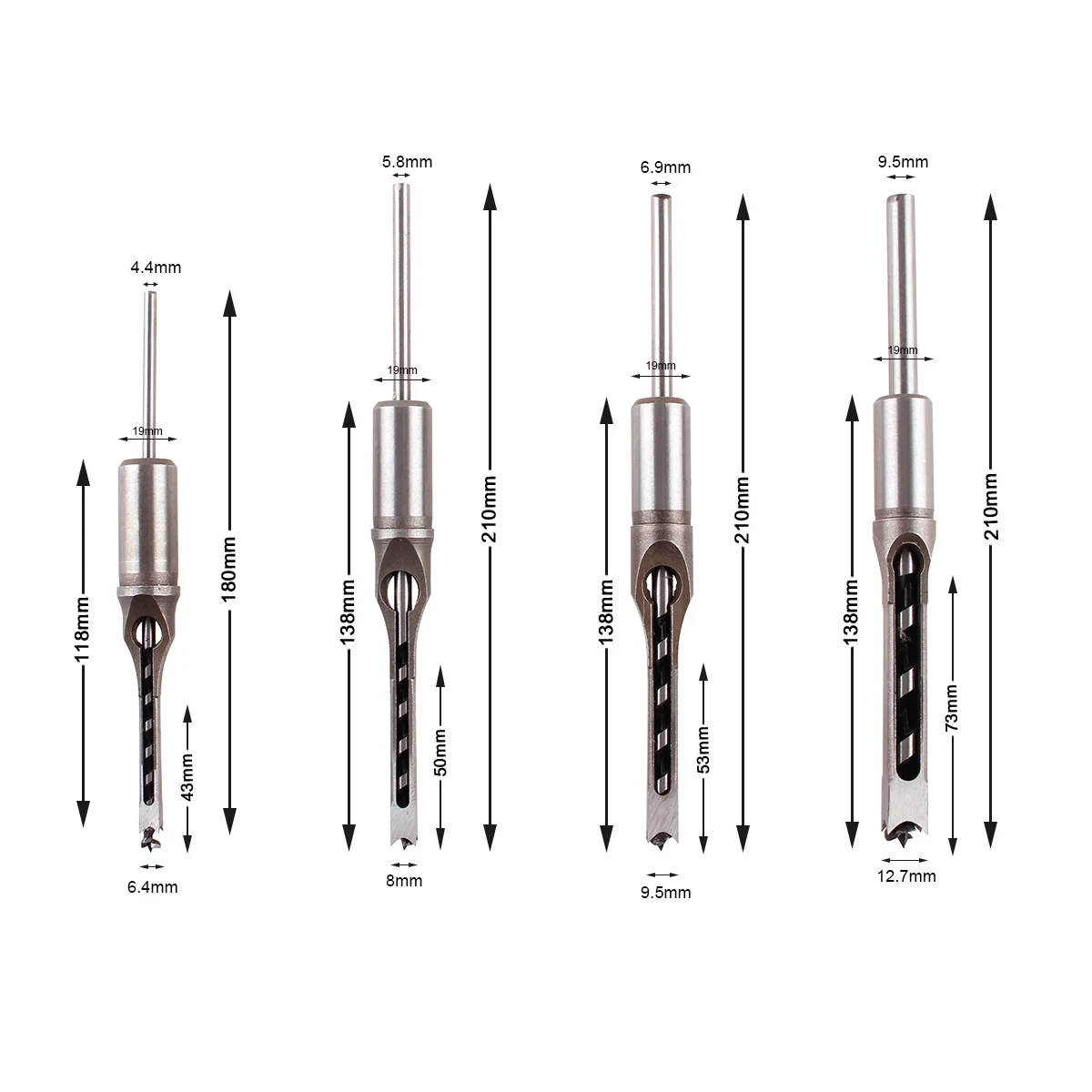 

4PCS/SET Woodworking Square Hole Drill Bits Wood Mortising Chisel Twist Drill Bits Set Woodworking Hole Saw Sets 6.4-12.7mm