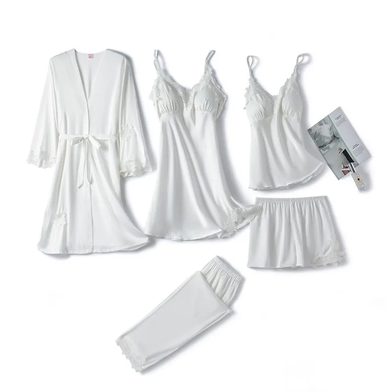 

2021 New Women Pajamas Set 5PCS Robe Suit Faux Silk Pyjamas Satin Sleepwear Lounge Wear With Lace Soft Intimate Lingerie
