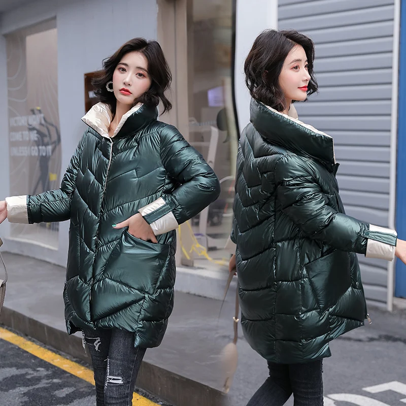 Зимняя женская толстая стеганая куртка с воротником стойкой блестящее теплое