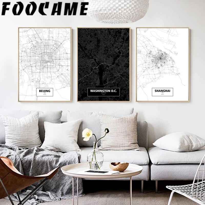 Пекин Шанхай линия города Washington черная белая карта плакат в скандинавском стиле