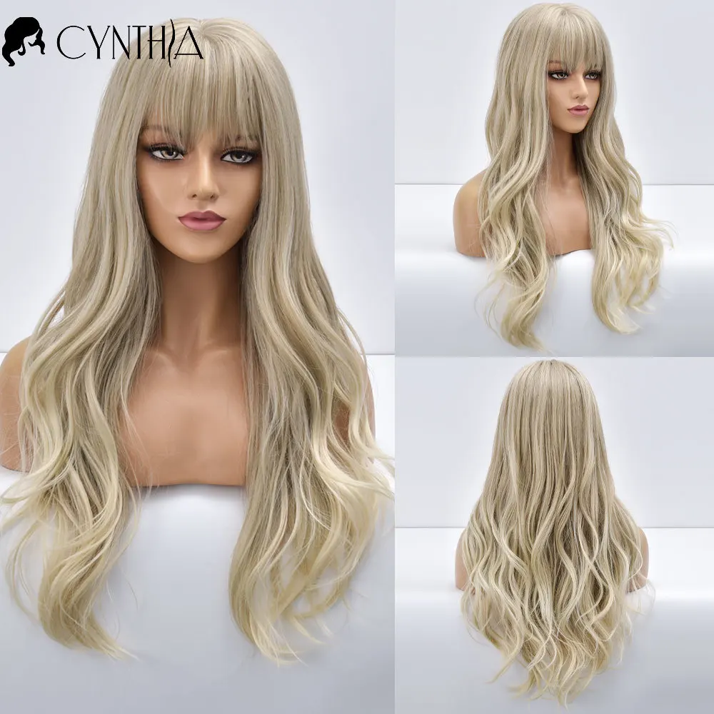 

Blonde Ombre Natural Wave Long Synthetic Wigs For Black White Women With Bangs Curly Daily Fiber Heat Resistant Cosplay Wavy Wig