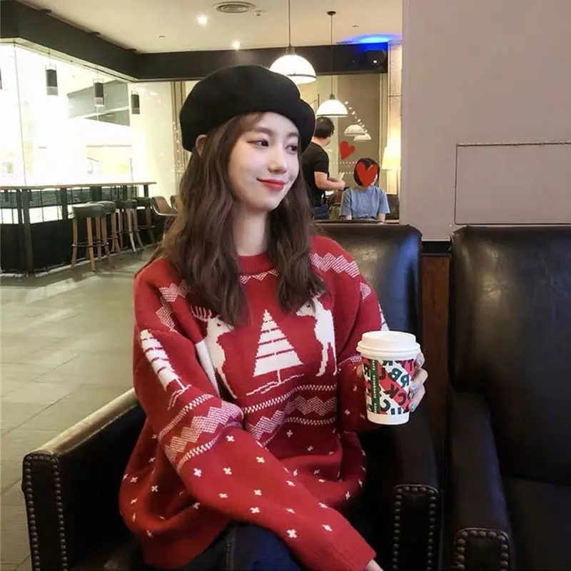 

Sweater Woman Christmas stripes o-neck red pullover knitted jacket Trend Student Fashion warm street winter women clothes