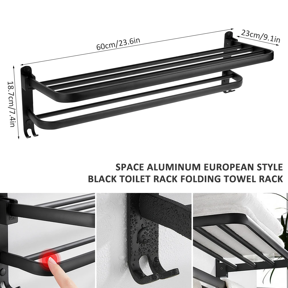 

60CM Black Double Towel BarsBathroom Towel Hanger Space Aluminum Bathroom Accessories Wall Mounted Towel Rack Storage Shelf
