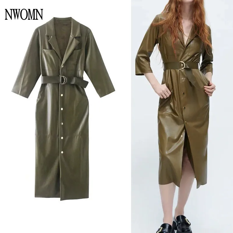 

NWOMN Za Women Dress 2021 Vintage PU Leather With Belt Midi Dress Woman Long Sleeve Elegant Dress Pocket Office Ladies Dresses