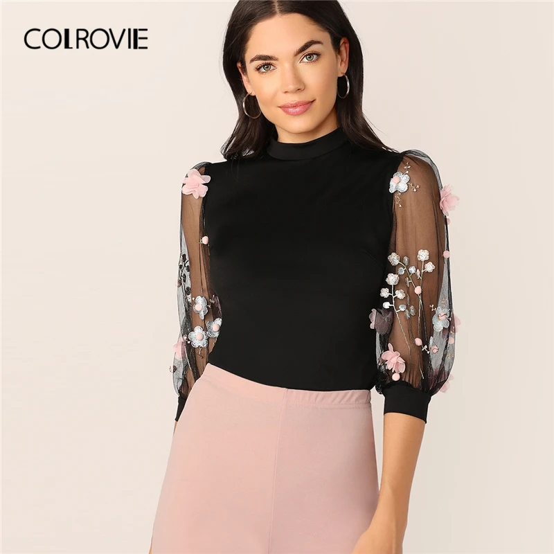 COLROVIE 3D Аппликация вышитое Сетчатое платье-фонарь с рукавом Топ для женщин три четверти рукав Элегантная блузка осень сексуальные Изящные блузки