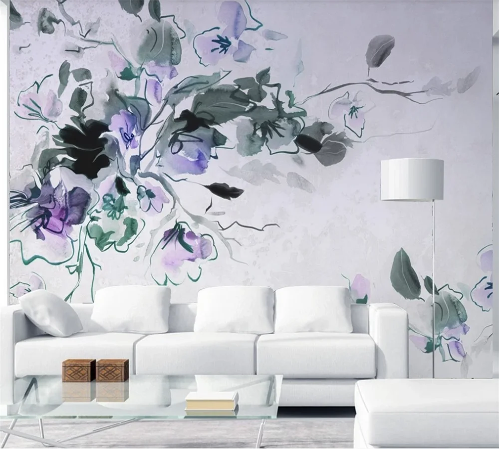 

Custom wallpaper mural 3D-8D wall covering modern minimalist hand-painted purple watercolor flower line TV background wall