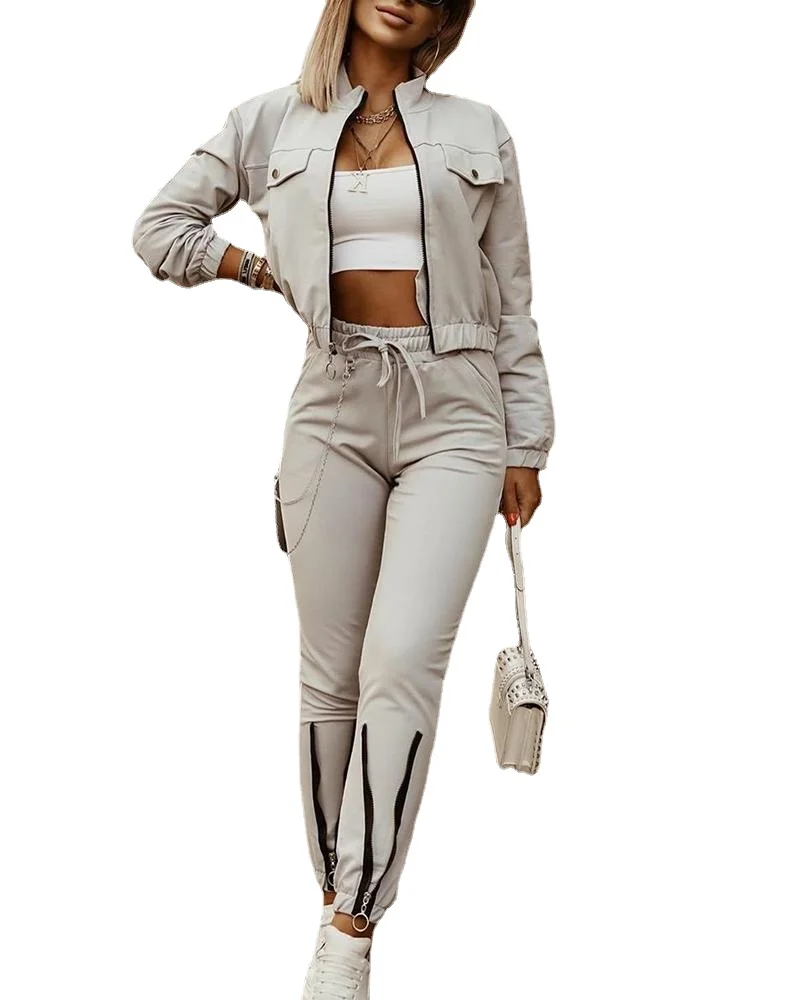 

Donsignet Women Sets 2021 European and American Fashion Zipper Stitching Crop Top Casual Set Conjunto Feminino Two Piece Outfits