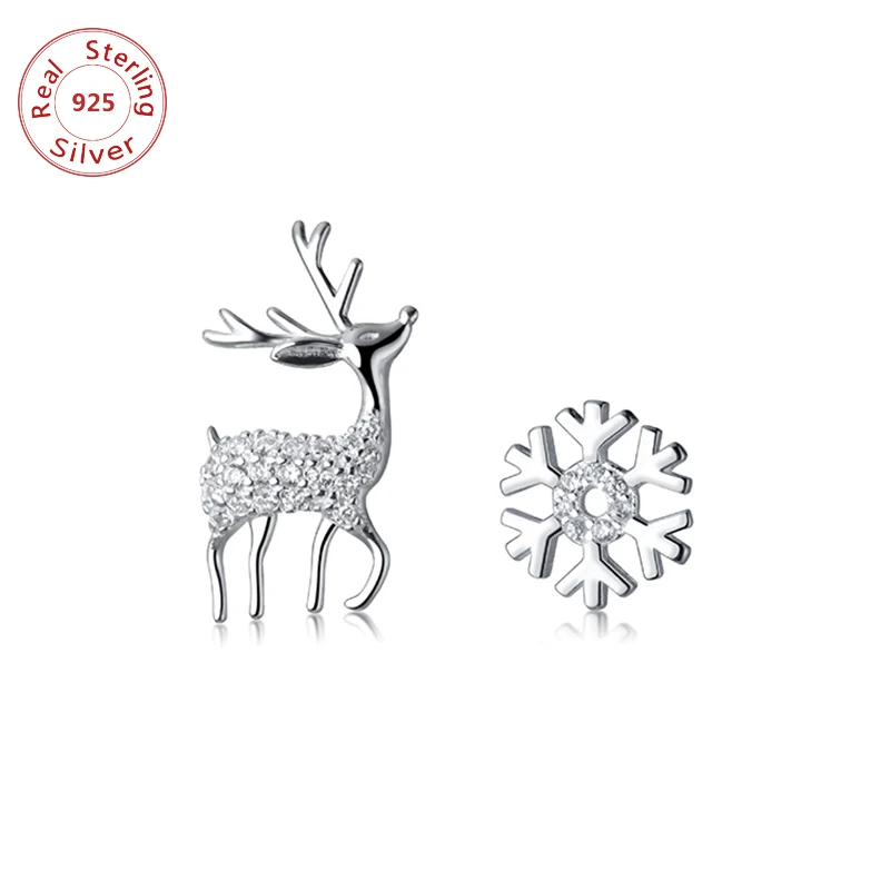 Простые серьги-гвоздики из серебра 925 пробы в виде снежинки/лося гипоаллергенные