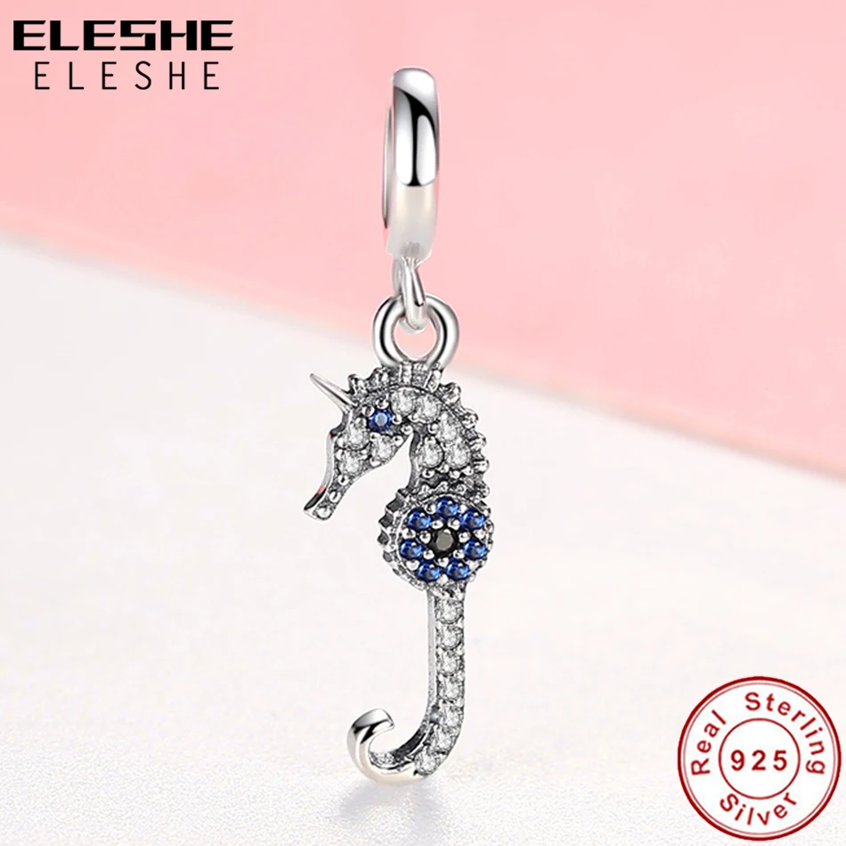 ELESHE,, серебряные бусины 925 пробы, синий кристалл, морской конек, бегемот, кампус, подвески, подходят к оригинальному браслету, ожерелье, сделай сам, хорошее ювелирное изделие