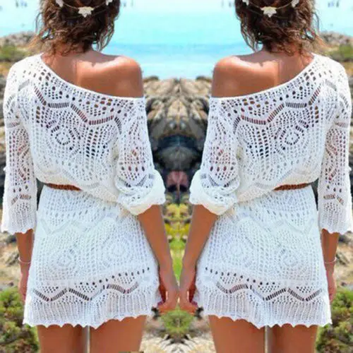 Женское кружевное вязаное бикини накидка на купальник купальный костюм Пляжное