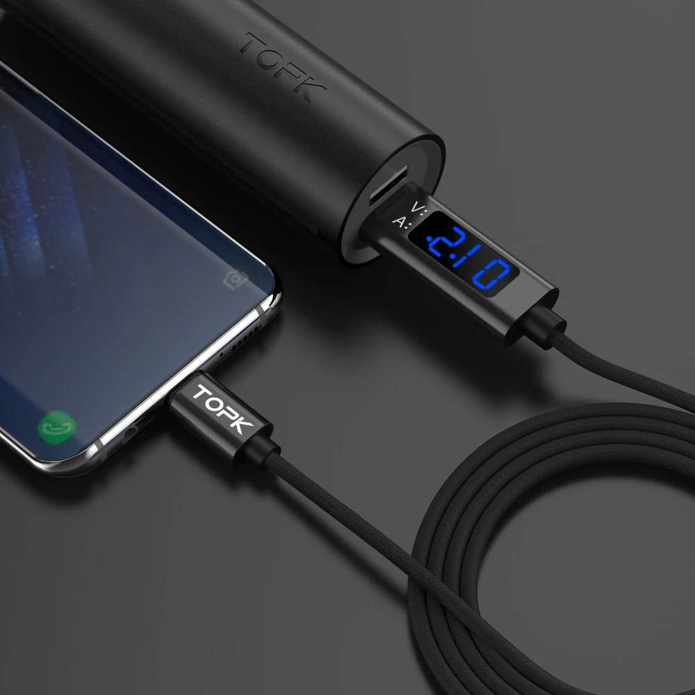 Кабель TOPK USB Type C/Micro с цифровым дисплеем для быстрой зарядки и передачи данных 3A
