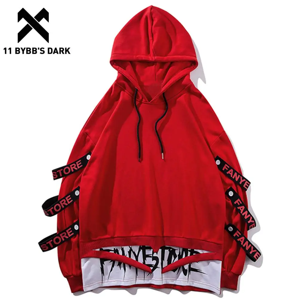 

11 BYBB'S DARK Harajuku Hoodies Sweatshirts Man Side Ribbons Ripped Fashion Pullover HoodieS Streetwear Sweatshirt Gothic Cloth